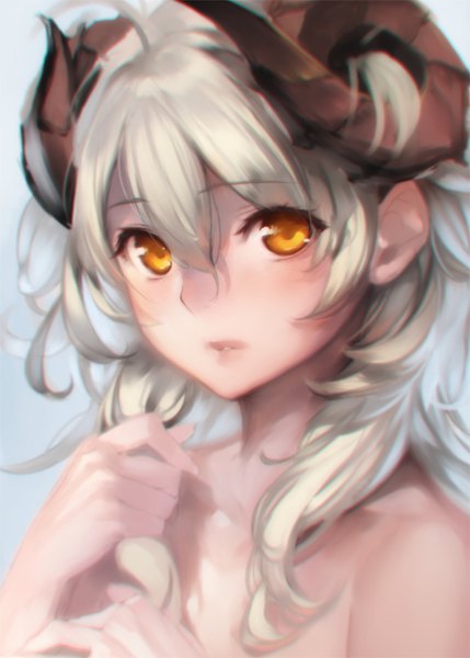 Anime picture 572x800 with original sasaoka gungu single long hair tall image looking at viewer light erotic bare shoulders white hair horn (horns) orange eyes girl