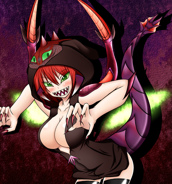 Anime picture 1400x1500 with league of legends cho'gath (league of legends) single tall image looking at viewer blush short hair breasts light erotic large breasts green eyes cleavage red hair tail grin genderswap girl thighhighs black thighhighs headdress