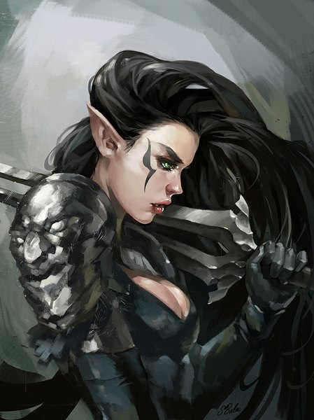 Anime picture 749x1000 with original sbalac single tall image breasts black hair green eyes signed profile pointy ears elf face paint girl weapon sword armor spaulder (spaulders)