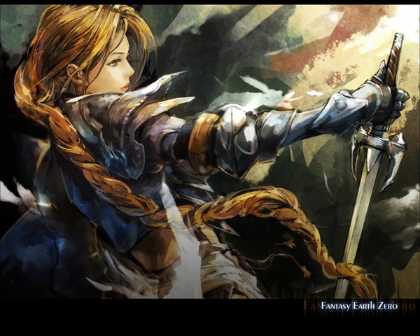 Anime picture 1280x1024 with fantasy earth zero single brown eyes very long hair orange hair lipstick single braid girl weapon sword armor feather (feathers)