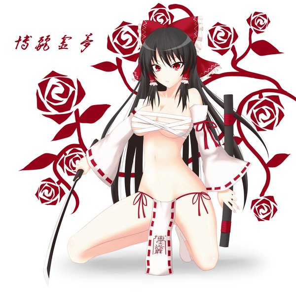 Anime picture 2000x2000 with touhou hakurei reimu gmot single long hair highres breasts light erotic black hair red eyes girl bow weapon hair bow sword katana bandage (bandages)