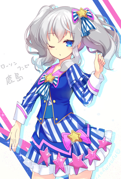 Anime picture 541x800 with kantai collection kashima training cruiser nyori single long hair tall image looking at viewer blush fringe blue eyes simple background standing white background twintails payot one eye closed grey hair :o text outstretched arm
