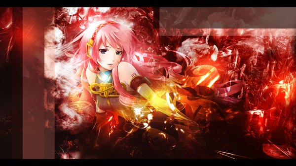 Anime picture 1920x1080 with vocaloid megurine luka single long hair blush highres open mouth blue eyes wide image bare shoulders pink hair girl headphones