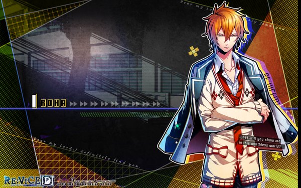 Anime picture 1920x1200 with re:vice[d] idea factory iroha (re:vice[d]) looking at viewer fringe highres short hair standing yellow eyes orange hair official art wallpaper piercing clothes on shoulders boy uniform school uniform necktie