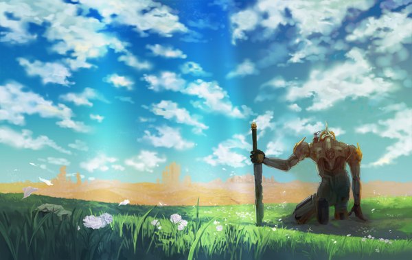 Anime picture 1500x948 with original shokill sky cloud (clouds) from behind landscape scenic field warrior flower (flowers) weapon sword pilot suit