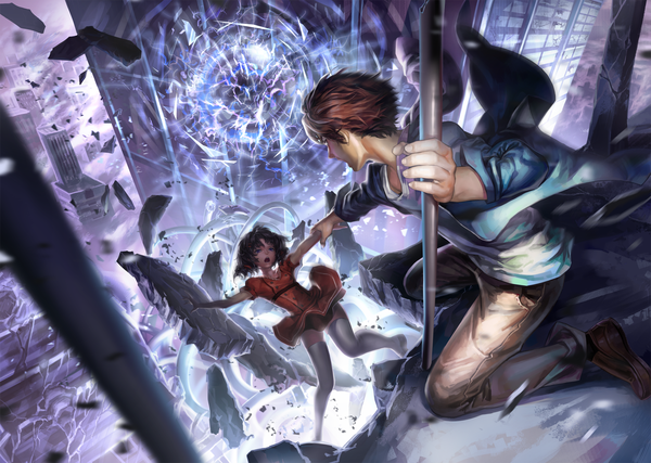 Anime picture 1735x1237 with original l.green highres short hair open mouth blue eyes black hair brown hair city falling destruction girl thighhighs dress boy shirt white thighhighs shoes pants