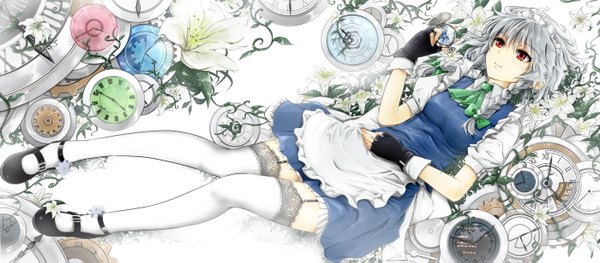 Anime picture 1400x615 with touhou izayoi sakuya cibo (killy) short hair red eyes wide image silver hair braid (braids) maid twin braids girl thighhighs flower (flowers) white thighhighs headdress fingerless gloves maid headdress clock pocket watch