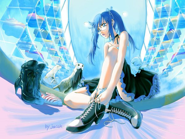 Anime picture 1055x790 with blue eyes blue hair girl animal glasses boots seal