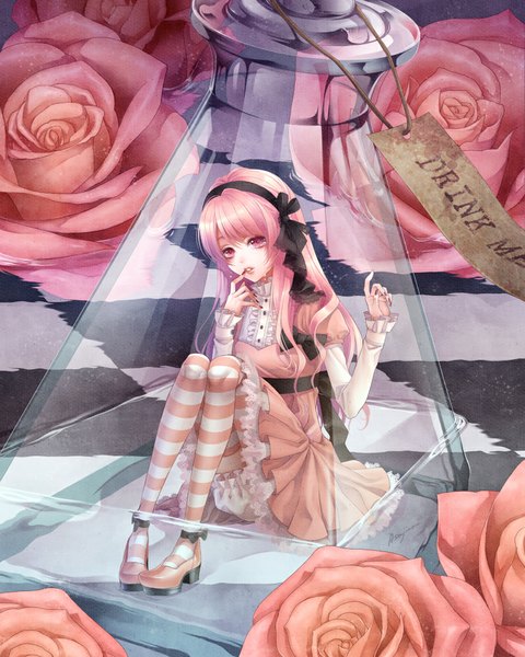 Anime picture 800x1000 with alice in wonderland yoshiyuki asajima single long hair tall image fringe sitting pink hair bent knee (knees) pink eyes finger to mouth checkered floor floor knees touching in bottle girl thighhighs dress flower (flowers) ribbon (ribbons)
