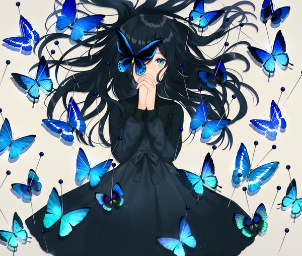 Anime picture 1000x847 with original achiki single long hair looking at viewer fringe black hair simple background lying aqua eyes hair over one eye grey background on back gradient background covered mouth hands clasped interlocked fingers covering eye (eyes) girl dress