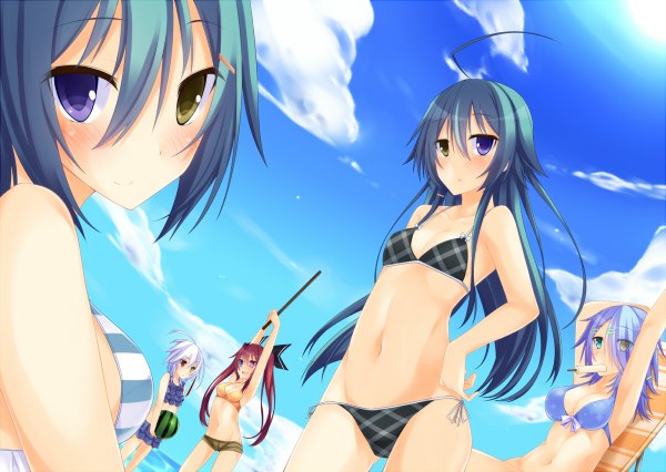 Anime picture 1200x852 with original rebecca arcane suterii long hair looking at viewer fringe short hair open mouth blue eyes light erotic smile red eyes multiple girls green eyes blue hair sky cloud (clouds) white hair hair over one eye beach