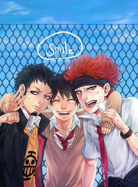 Anime picture 1326x1800 with one piece toei animation monkey d. luffy trafalgar law eustass kid teebohne tall image highres short hair open mouth black hair smile multiple girls eyes closed multiple boys scar girl boy uniform school uniform