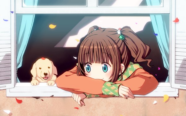 Anime picture 1920x1200 with idolmaster takatsuki yayoi chika (orange pop) fringe highres brown hair wide image twintails green eyes blunt bangs short twintails girl petals window hair bobbles dog