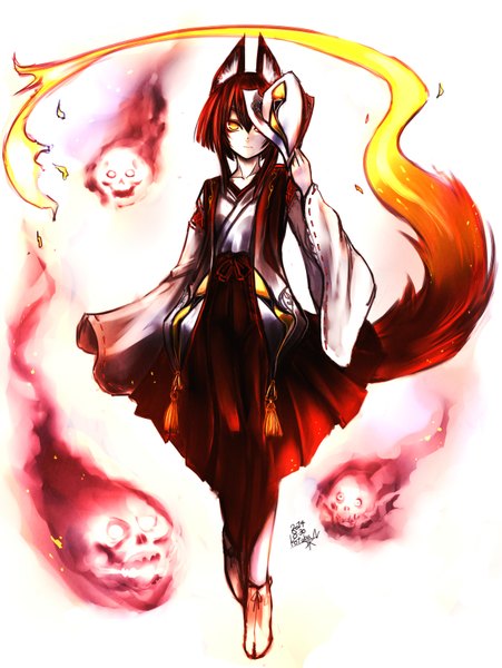 Anime picture 2499x3320 with original kotoba noriaki single tall image looking at viewer highres short hair simple background white background signed animal ears yellow eyes red hair tail nail polish traditional clothes japanese clothes animal tail fox ears glowing