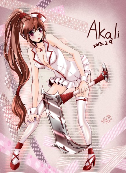 Anime picture 2550x3509 with league of legends akali (league of legends) single long hair tall image looking at viewer blush highres open mouth light erotic brown hair cleavage ponytail pink eyes no bra nurse girl thighhighs weapon white thighhighs