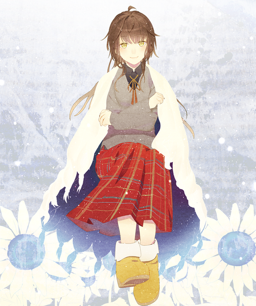Anime picture 1000x1197 with original keishi single long hair tall image looking at viewer blush fringe smile brown hair sitting yellow eyes ahoge pleated skirt light smile plaid skirt snowing winter crossed arms plaid