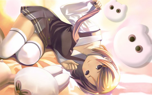 Anime picture 1680x1050 with koutaro looking at viewer blush short hair brown hair wide image lying braid (braids) black eyes single braid on side girl thighhighs uniform school uniform white thighhighs toy stuffed animal
