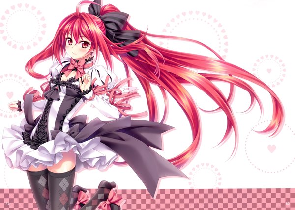 Anime picture 9787x6975 with shinkyoku soukai polyphonica corticarte apa lagranges kannatsuki noboru single long hair looking at viewer blush highres smile red eyes absurdres ponytail red hair scan official art girl thighhighs dress bow ribbon (ribbons)