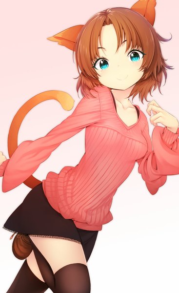 Anime picture 673x1100 with original zizi (zz22) single tall image looking at viewer short hair smile brown hair animal ears tail aqua eyes cat ears zettai ryouiki gradient background running girl thighhighs skirt sweater