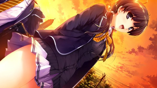 Anime picture 1280x720 with ushinawareta mirai wo motomete hasekura airi misaki kurehito long hair open mouth blue eyes black hair wide image twintails game cg from below low twintails evening sunset girl skirt uniform hair ornament ribbon (ribbons) hair ribbon