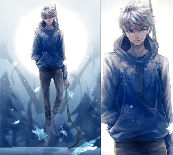 Anime picture 1064x956 with rise of the guardians pixiv dreamworks jack frost (rise of the guardians) tooaya looking at viewer short hair blue eyes silver hair barefoot light smile night snowing winter multiview hands in pockets boy plant (plants) tree (trees) jacket