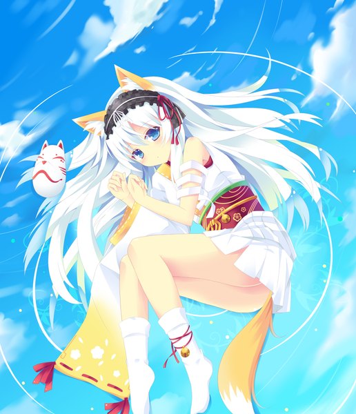 Anime picture 1300x1512 with original nibiiro shizuka long hair tall image looking at viewer blue eyes cloud (clouds) white hair lying japanese clothes barefoot no shoes sleeveless fox ears fox tail reflection ripples asymmetrical clothes girl socks