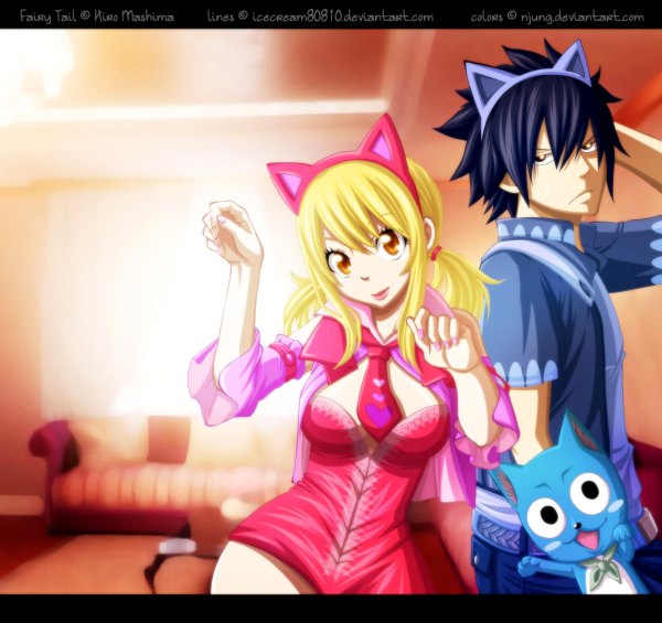 Anime picture 1200x1130 with fairy tail lucy heartfilia gray fullbuster happy (fairy tail) natilokijung long hair short hair open mouth light erotic black hair smile twintails animal ears nail polish black eyes sunlight cat ears orange eyes lipstick coloring