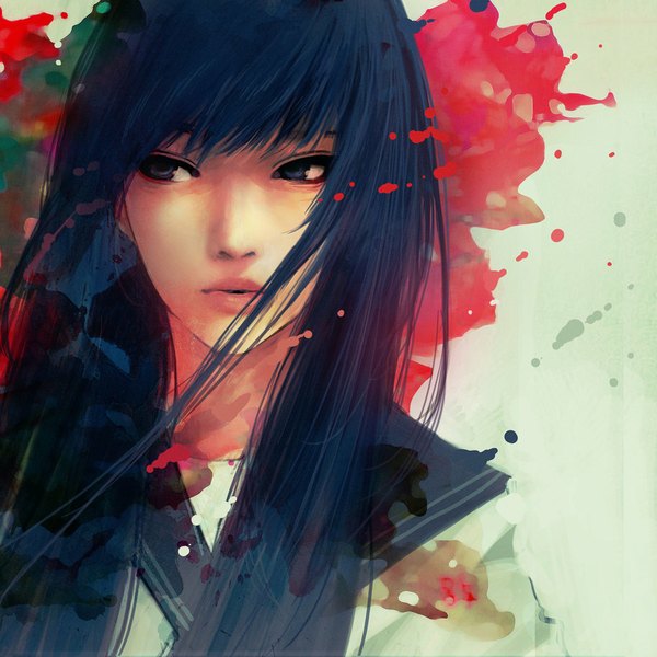 Anime picture 900x900 with original wataboku single long hair fringe blue eyes black hair looking away parted lips lips black eyes girl uniform serafuku