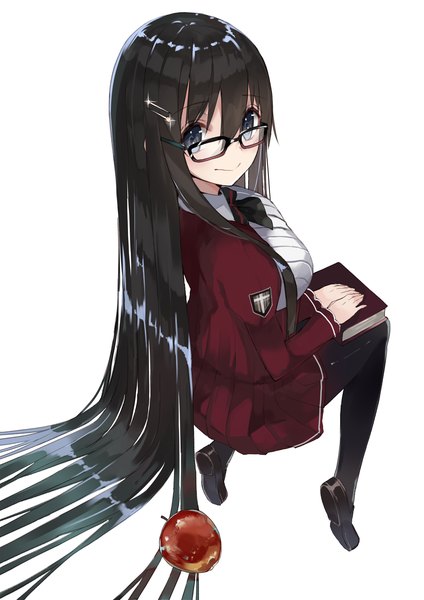 Anime picture 1415x2000 with original kou mashiro single long hair tall image looking at viewer blush black hair simple background white background very long hair grey eyes girl uniform school uniform pantyhose glasses book (books) fruit apple