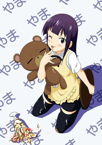 Anime picture 1240x1753 with working!! a-1 pictures yamada aoi daisy (working!!) long hair tall image blush simple background purple eyes purple hair full body one eye closed wink hieroglyph :p waitress girl thighhighs black thighhighs tongue