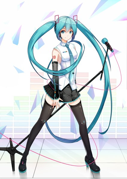 Anime picture 1400x1979 with vocaloid hatsune miku zui ai gongzhu dianxia single tall image looking at viewer fringe simple background smile hair between eyes standing white background twintails bare shoulders full body very long hair pleated skirt aqua eyes aqua hair tattoo