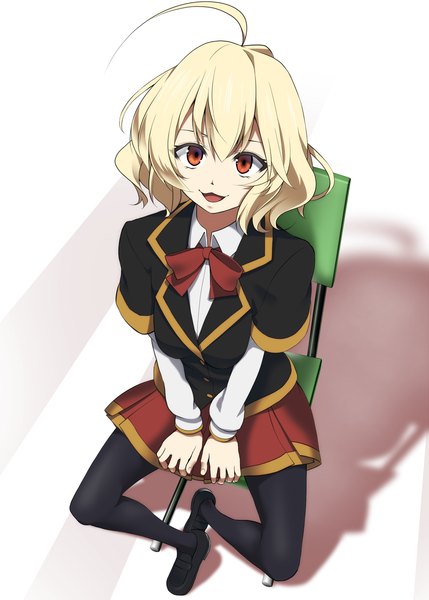 Anime picture 1036x1449 with akuma no riddle hashiri nio mattari yufi (artist) single tall image short hair open mouth blonde hair red eyes sitting ahoge from above shadow looking up girl skirt uniform school uniform pantyhose chair