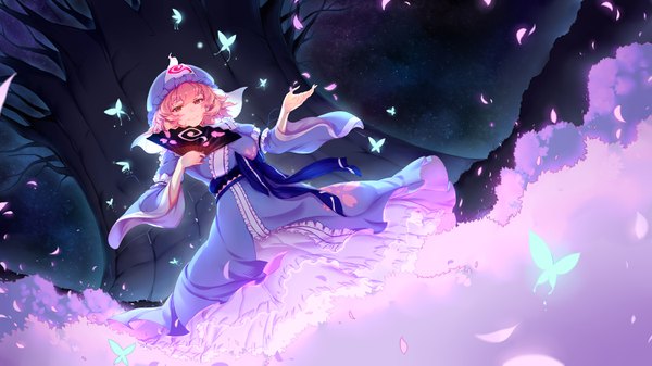 Anime picture 3000x1687 with touhou saigyouji yuyuko wukloo single looking at viewer highres short hair red eyes wide image pink hair girl dress plant (plants) petals tree (trees) bonnet fan