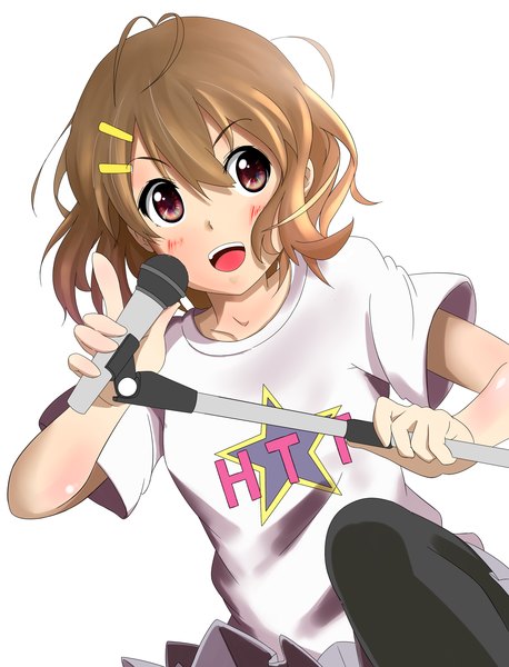 Anime picture 2250x2950 with k-on! kyoto animation hirasawa yui wafoo (artist) tall image blush highres short hair open mouth simple background red eyes brown hair white background clothes writing girl t-shirt microphone stand