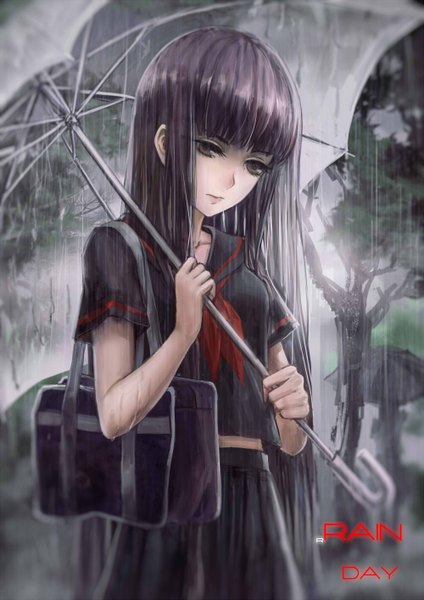 Anime picture 1000x1414 with original infukun single long hair tall image black hair black eyes looking down rain sad transparent umbrella girl skirt plant (plants) shirt tree (trees) serafuku umbrella school bag