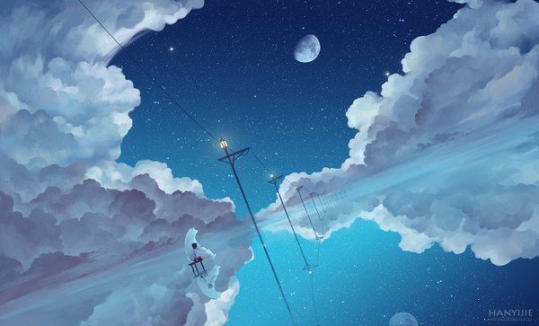 Anime picture 1400x849 with original hanyijie short hair black hair wide image sitting sky cloud (clouds) watermark horizon landscape scenic pointing boy animal shorts moon bench bear polar bear
