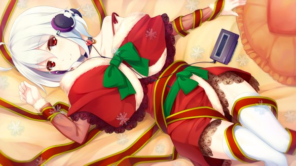 Anime picture 1920x1080 with original soranopin single looking at viewer highres short hair red eyes wide image white hair lying christmas merry christmas girl thighhighs dress ribbon (ribbons) white thighhighs headphones