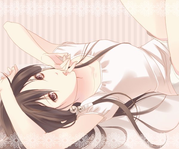 Anime picture 1200x1000 with getbackers studio deen fuuchouin kazuki hirai chika single long hair looking at viewer open mouth brown hair twintails brown eyes lying flat chest arms behind head otoko no ko dress boy ribbon (ribbons) hair ribbon white dress