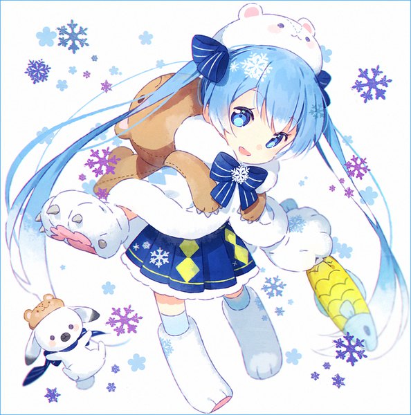 Anime picture 860x870 with vocaloid hatsune miku yuki miku rabbit yukine hakusai (tiahszld) single long hair tall image looking at viewer fringe open mouth blue eyes simple background standing white background twintails payot blue hair full body very long hair