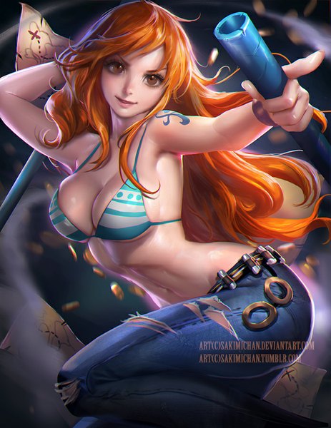 Anime picture 695x900 with one piece toei animation nami (one piece) sakimichan single long hair tall image looking at viewer light erotic smile standing bare shoulders brown eyes signed ahoge bent knee (knees) orange hair realistic bare belly midriff