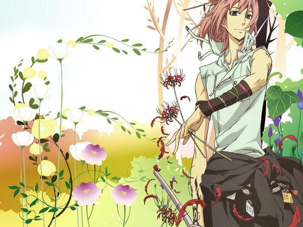 Anime picture 1600x1200 with nabari no ou j.c. staff shimizu raikou kamatani yuuki pink hair tattoo boy flower (flowers) weapon plant (plants) choker higanbana