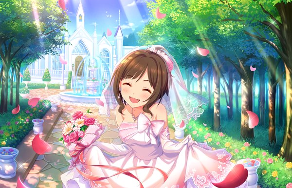 Anime picture 1280x824 with idolmaster idolmaster cinderella girls maekawa miku single blush short hair open mouth brown hair eyes closed girl dress gloves flower (flowers) bow plant (plants) petals tree (trees) elbow gloves white gloves bouquet