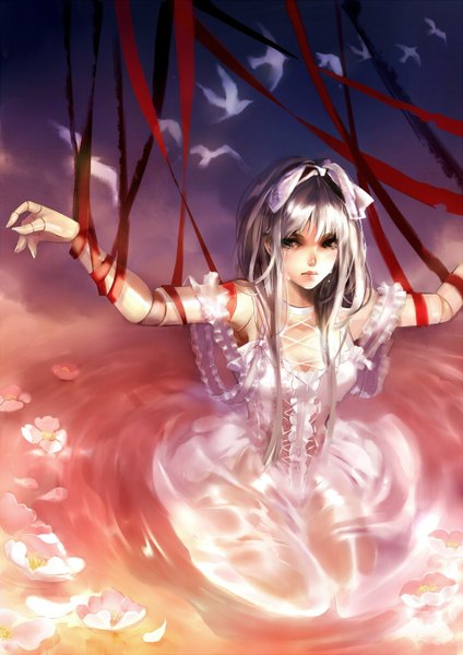 Anime picture 2000x2829 with original liu shuang fei (artist) long hair tall image highres sky white hair crying bondage doll joints girl dress flower (flowers) bow ribbon (ribbons) hair bow animal water bird (birds) puppet