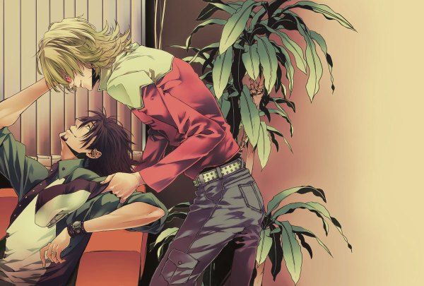 Anime picture 1200x810 with tiger & bunny sunrise (studio) kaburagi t. kotetsu barnaby brooks jr. komashiro blonde hair brown hair light smile shounen ai boy plant (plants) shirt tree (trees) glasses jacket belt pants vest couch clock