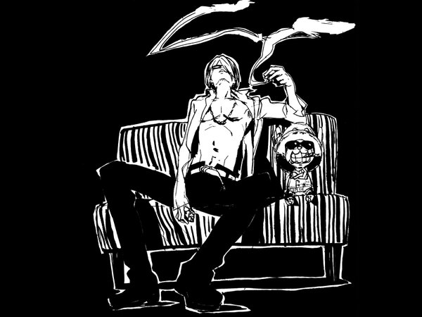 Anime picture 1600x1200 with one piece toei animation sanji tony tony chopper short hair simple background sitting full body black background smoke boy couch cigarette