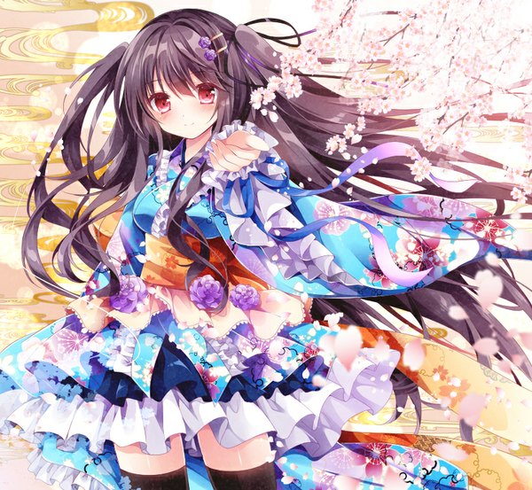 Anime picture 808x746 with original nogi takayoshi single looking at viewer blush fringe black hair smile red eyes standing long sleeves very long hair traditional clothes japanese clothes hair flower wind wide sleeves two side up zettai ryouiki cherry blossoms