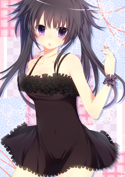 Anime picture 1157x1636 with original bloodcatblack (tsukiko) single long hair tall image blush open mouth black hair purple eyes twintails girl dress frills