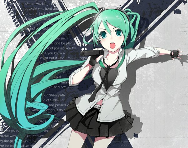 Anime picture 1140x900 with vocaloid hatsune miku single long hair open mouth twintails green eyes green hair singing girl gloves miniskirt fingerless gloves microphone
