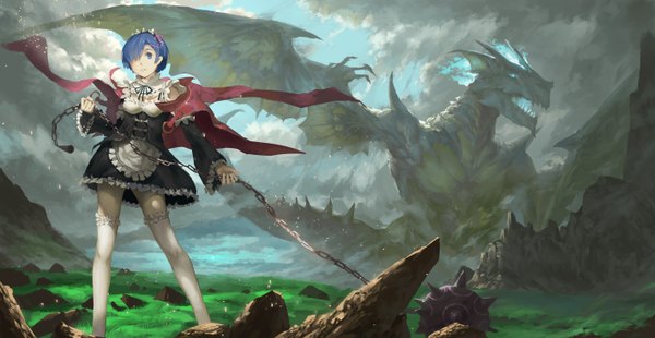 Anime picture 5669x2935 with re:zero kara hajimeru isekai seikatsu white fox rem (re:zero) ylpylf fringe highres short hair blue eyes wide image blue hair absurdres cloud (clouds) hair over one eye maid fantasy girl thighhighs dress uniform detached sleeves