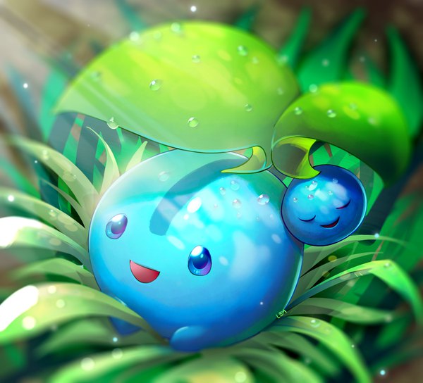 Anime picture 1515x1376 with pokemon nintendo cherubi metalmorag single open mouth smile eyes closed :d from above blurry no people gen 4 pokemon shiny pokemon plant (plants) grass water drop pokemon (creature)